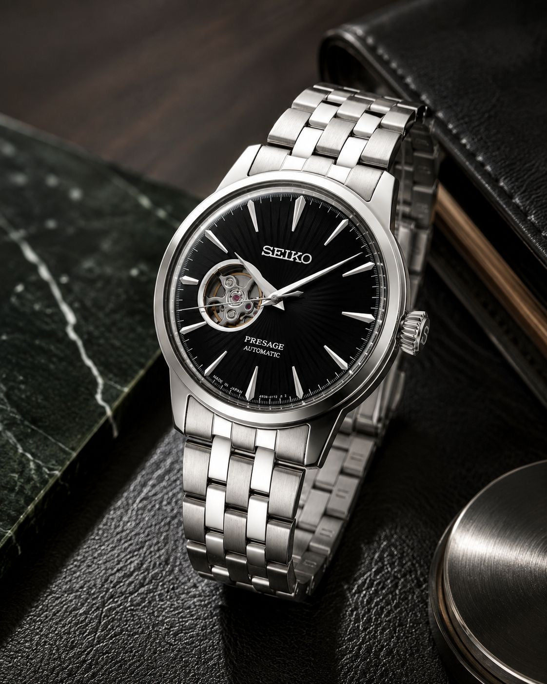 Silver Stainless Steel Automatic Watch with Black Open-Heart Dial