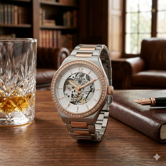 Women's Automatic Skeleton Watch – Two-Tone Rose Gold & Silver Crystal Bezel Timepiece