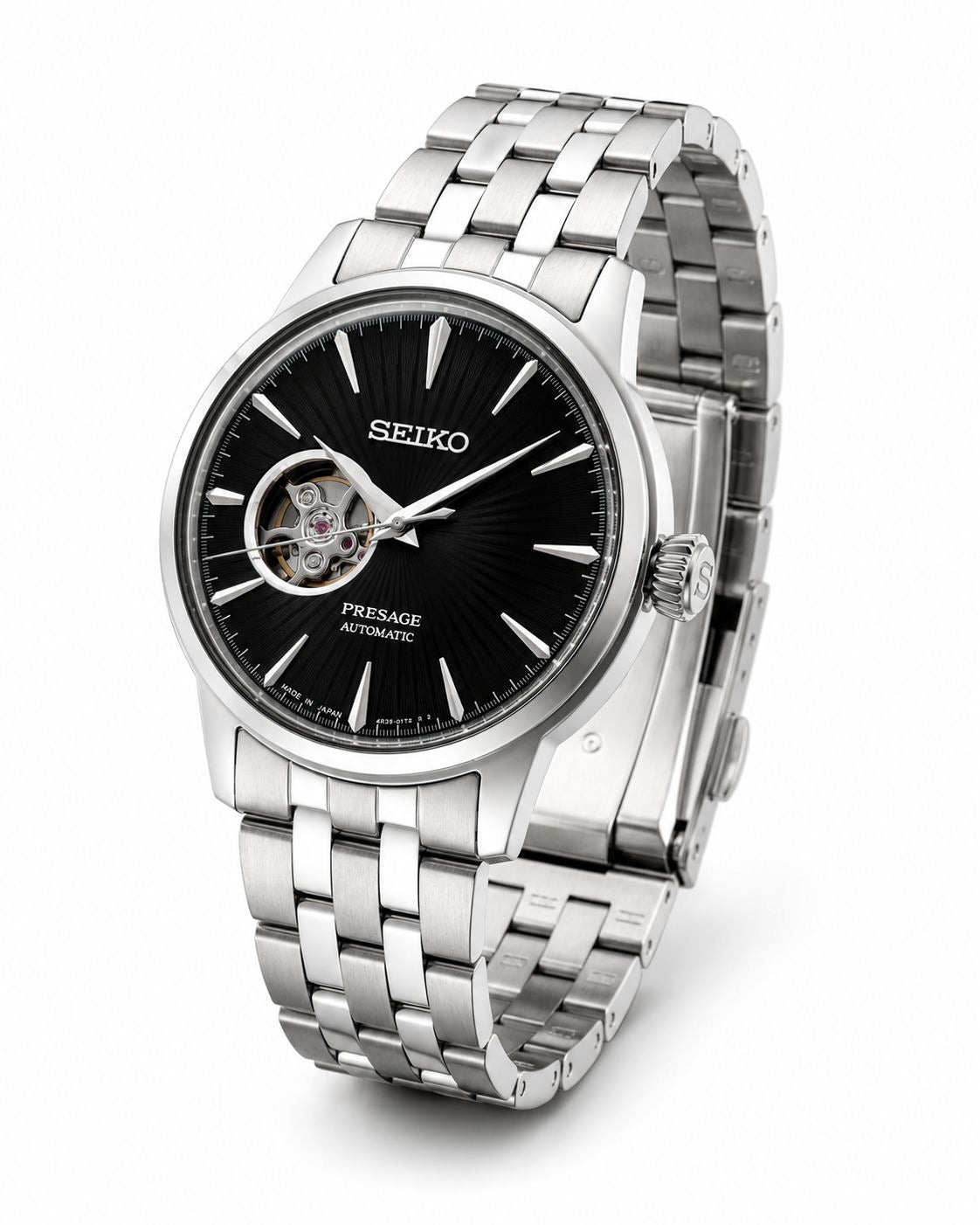 Silver Stainless Steel Automatic Watch with Black Open-Heart Dial
