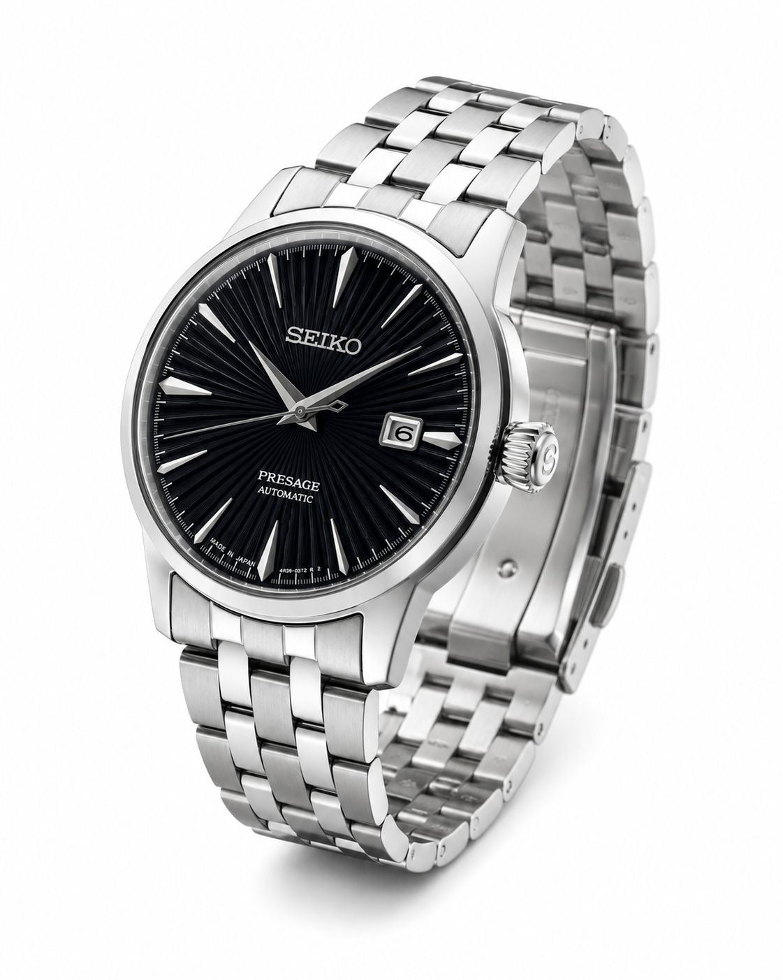 Silver Stainless Steel Automatic Watch with Black Sunburst Dial