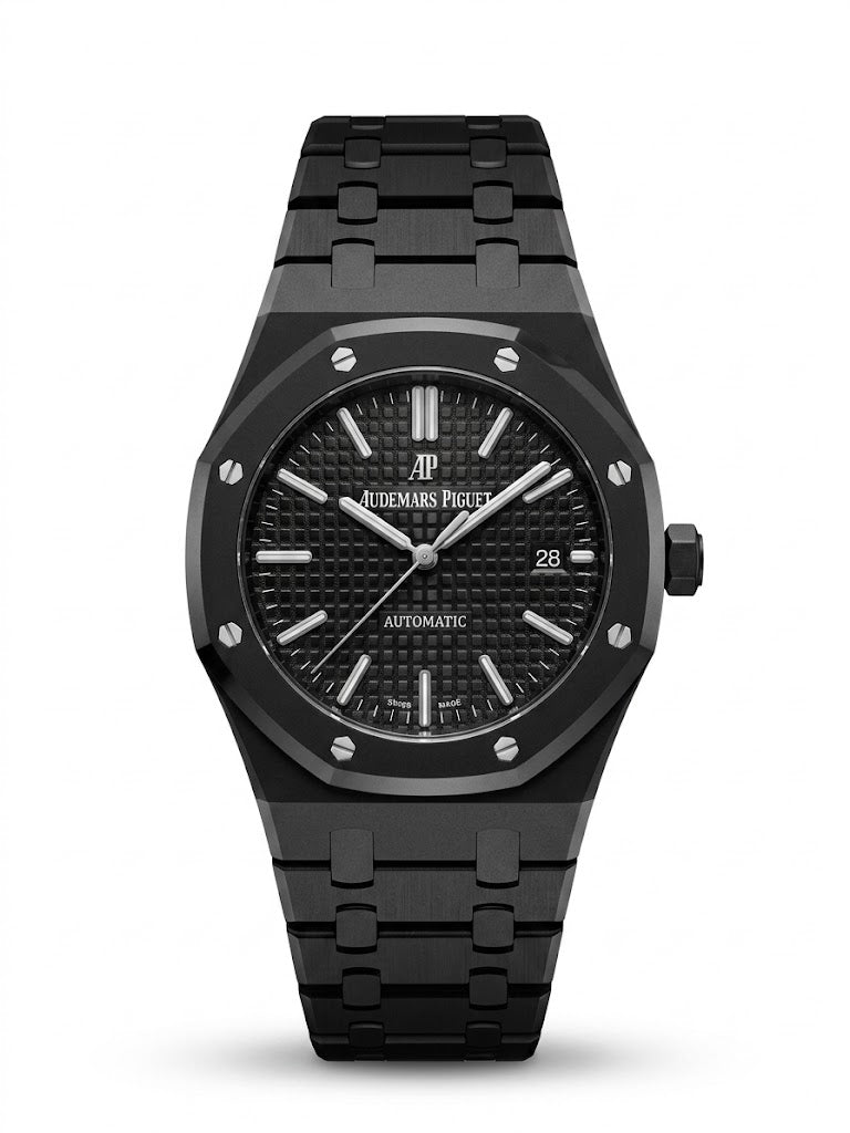 Obsidian Royale Automatic Watch – All-Black Waffle Dial & Integrated Bracelet Edition
