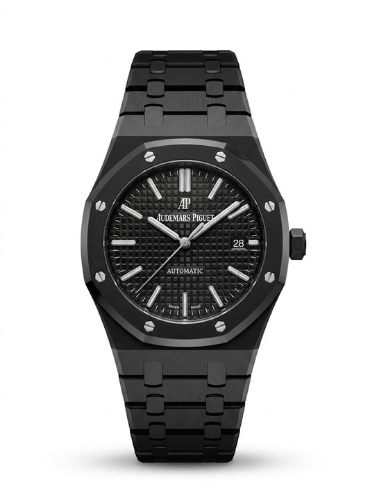 Obsidian Royale Automatic Watch – All-Black Waffle Dial & Integrated Bracelet Edition