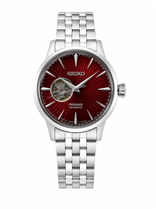 Silver Stainless Steel Automatic Watch with Deep Red Open-Heart Dial