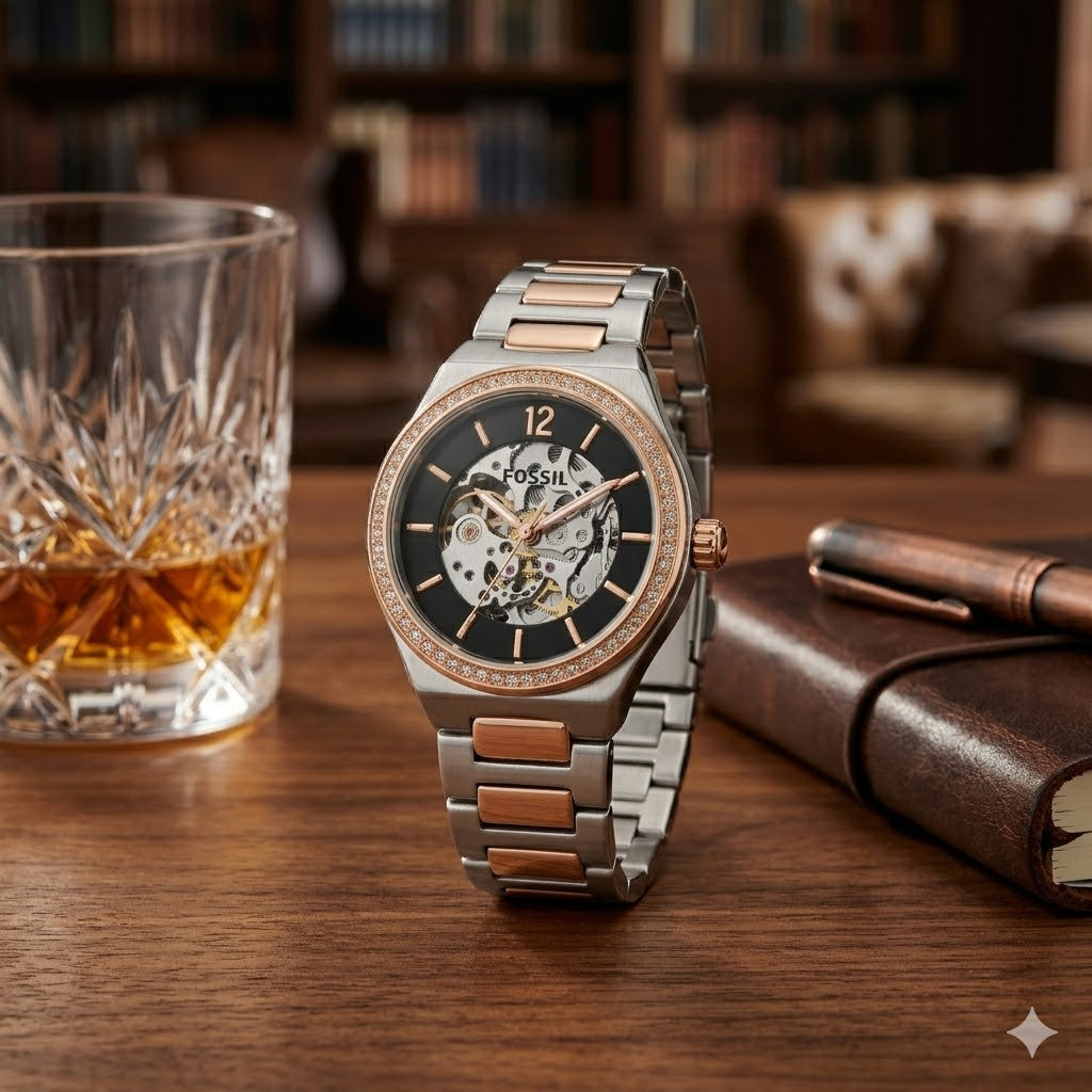 Rose Gold & Silver Skeleton Dial Watch – Crystal Bezel Automatic Timepiece