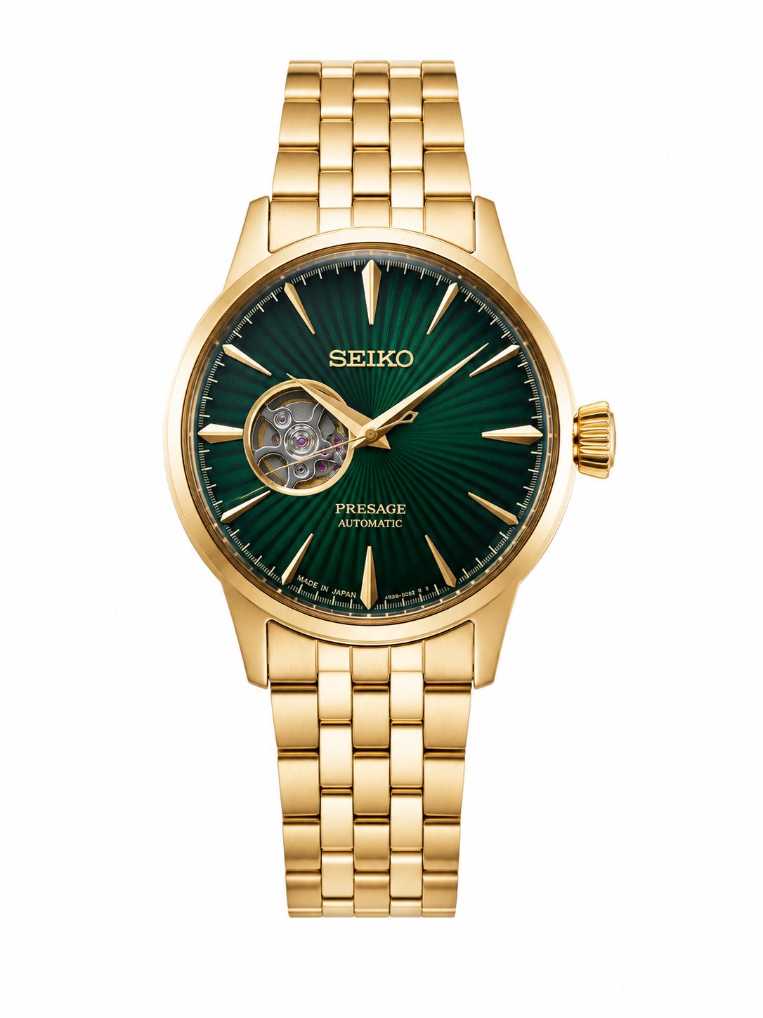Gold Stainless Steel Automatic Watch with Emerald Green Open-Heart Dial
