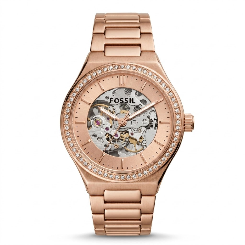 Women's Rose Gold Automatic Skeleton Watch with Crystal Bezel