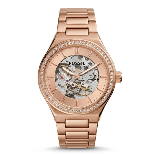 Women's Rose Gold Automatic Skeleton Watch with Crystal Bezel