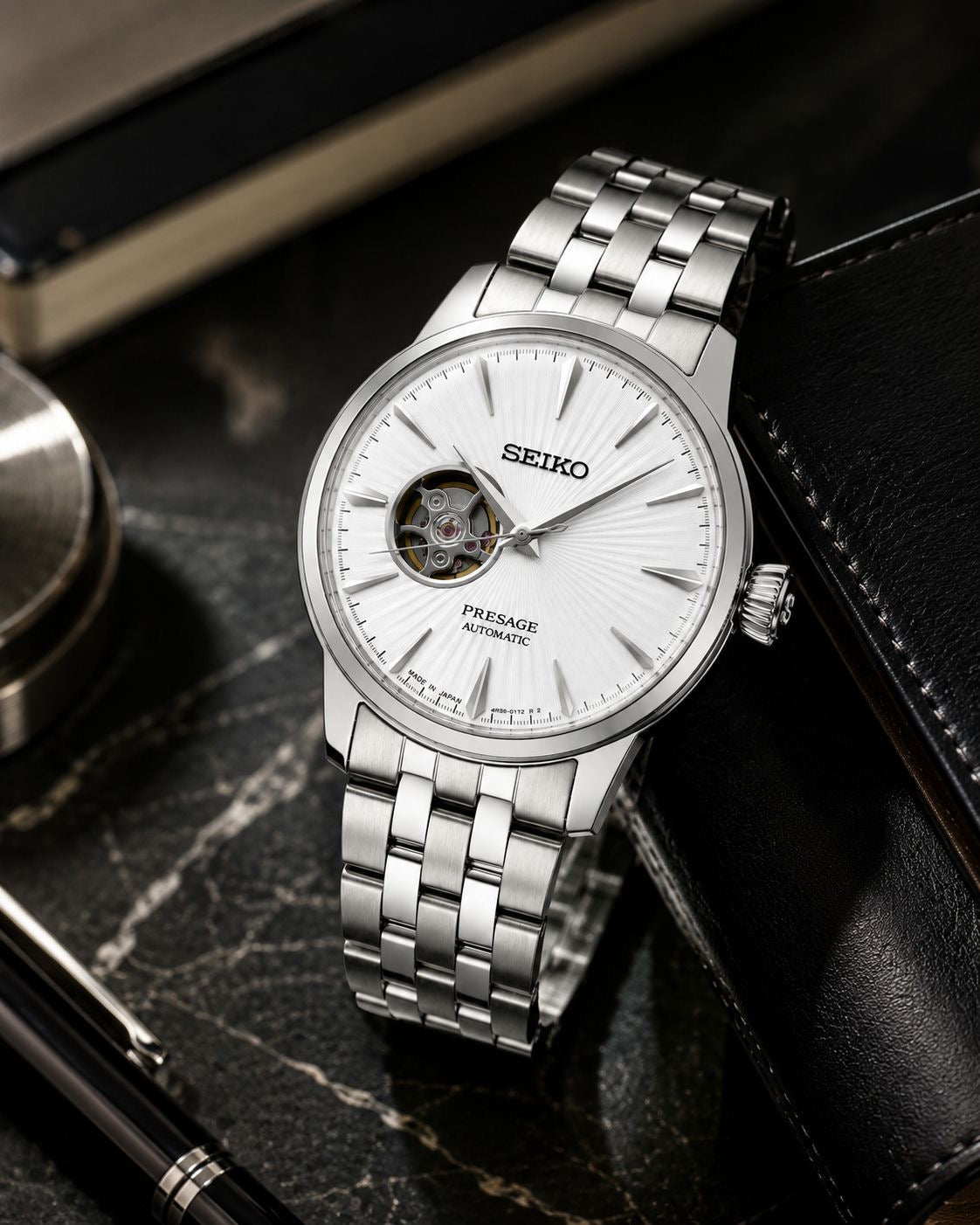 Silver Stainless Steel Automatic Watch with White Open-Heart Dial