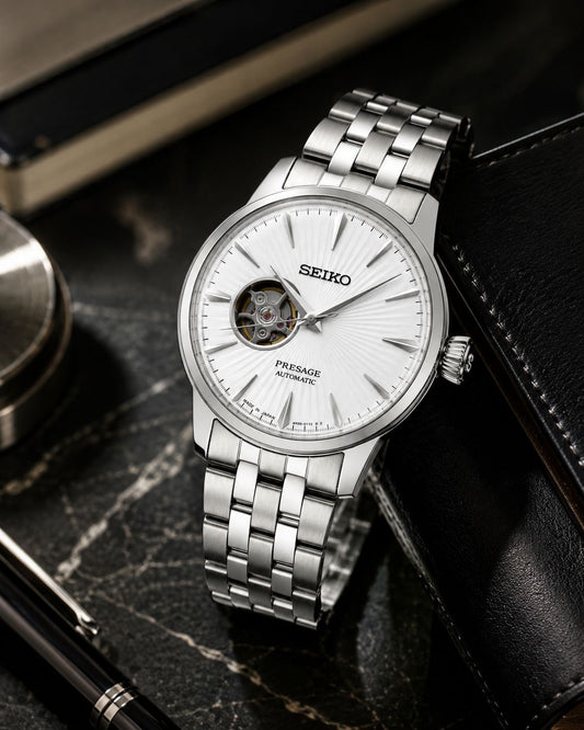 Silver Stainless Steel Automatic Watch with White Open-Heart Dial