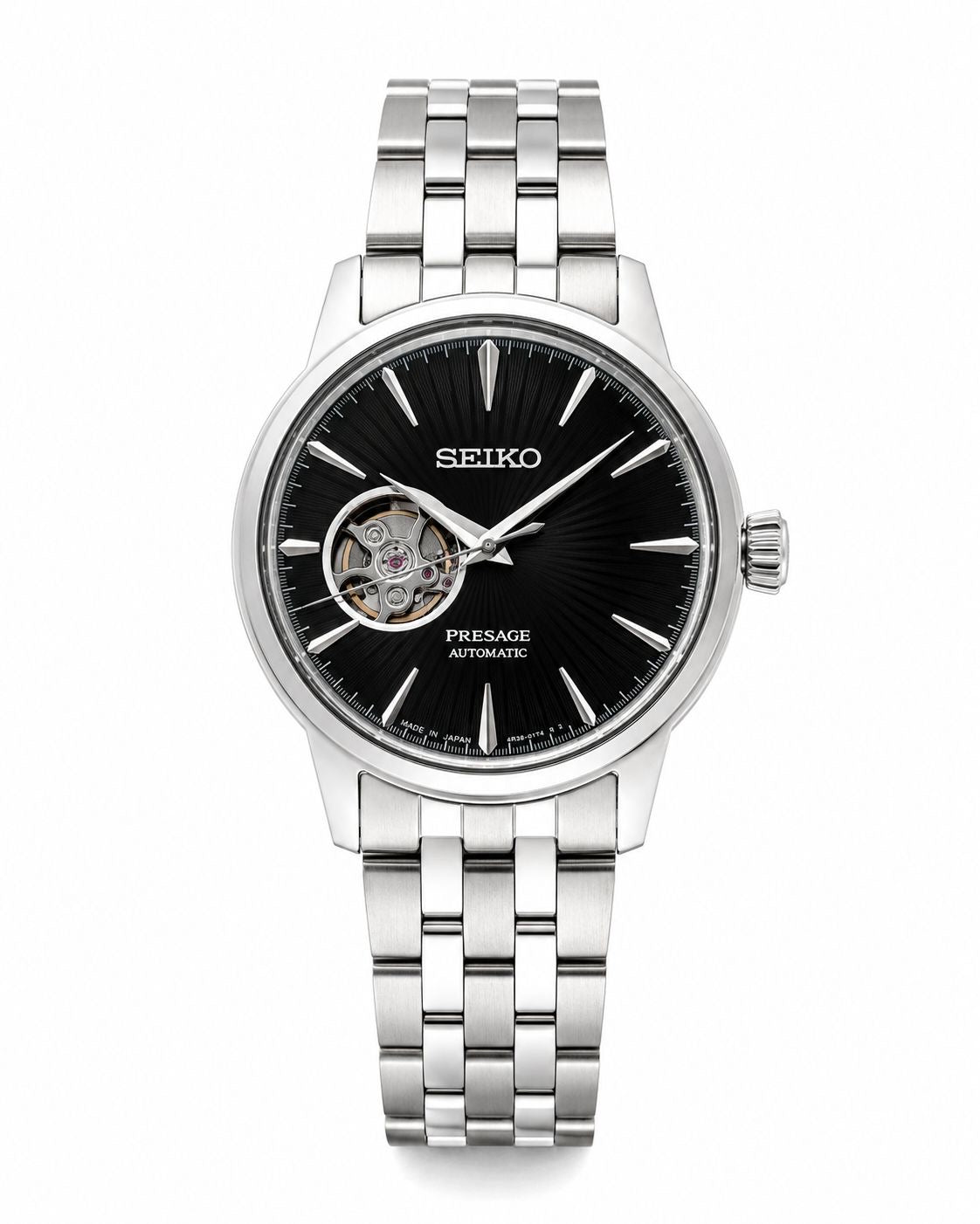 Silver Stainless Steel Automatic Watch with Black Open-Heart Dial