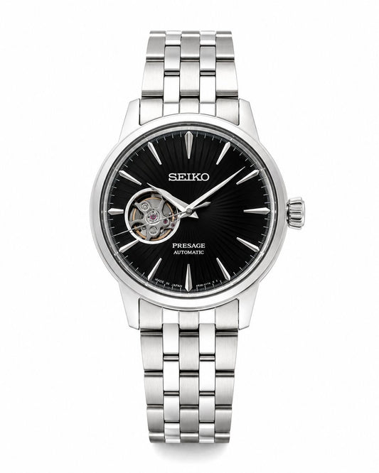 Silver Stainless Steel Automatic Watch with Black Open-Heart Dial